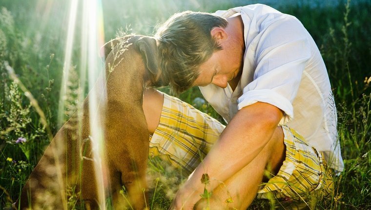 Dog consoling his owner in the countryside near Munich.