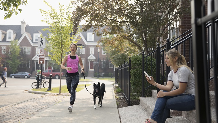 Female runner running with dog and woman texting with cell phone on neighborhood sidewalk