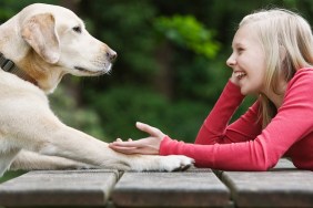 Dog sitting across from girl on picnic table