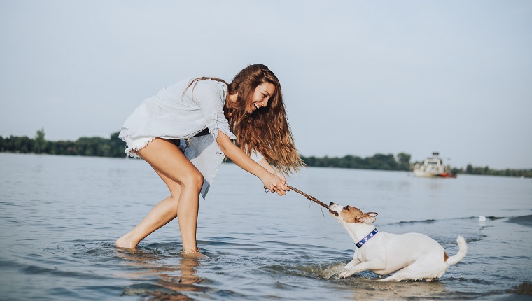 Summer Beach Fun. Woman Running With Dog. Holidays Vacations. Summer