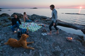 Friends having picnic at sea