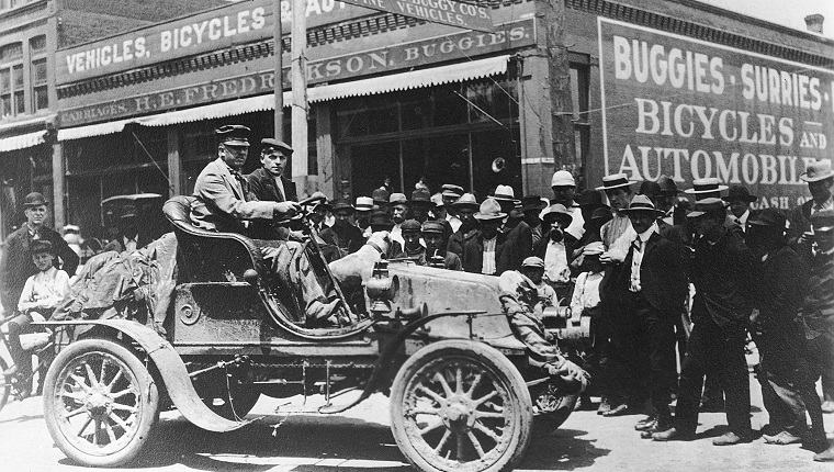 UNKNOWN — 1903: Physician Horatio Nelson Jackson (at wheel) and his driving partner Sewall K. Crocker became the first men to drive an automobile across the United States. Starting in San Francisco, CA, they arrived in New York City on July 26 after a trip that took 63 days, 12 hours, and 30 minutes. Over 800 gallons of gasoline were needed to complete the journey in this Winton.