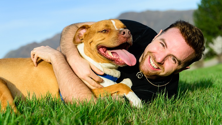 Happy male with his dog on the grass. Mountain range and clear sky in background.