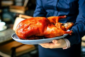 A woman servant holding the Roasted Peking Duck plate for serving