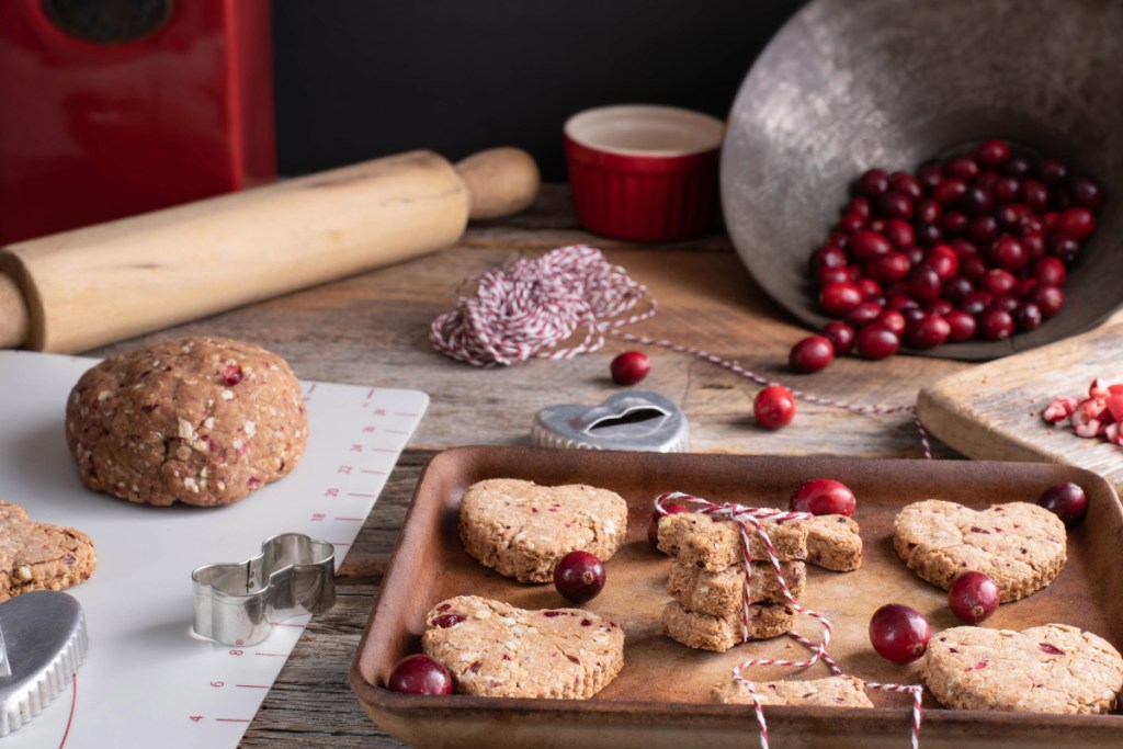 Cranberry cookies and dog treats safe for dogs to eat, laid out next to a rolling pin and baking surface.