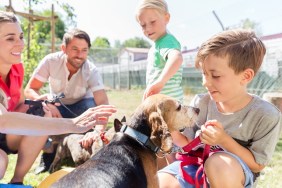 Family taking home a dog from the animal shelter giving new home adopting the pet