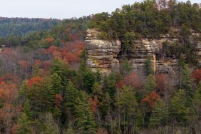 A rocky outcropping in the Daniel Boone National Forest under cloudy skies