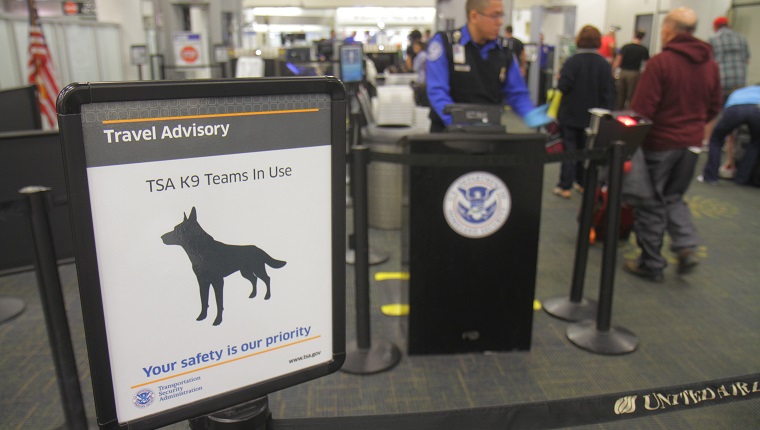 Transportation Security Administration, travel advisory sign at Miami International Airport.