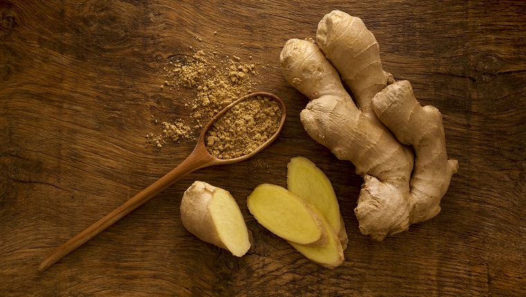 Ginger root and powder, studio shot.