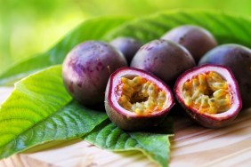 Passion fruits on wooden table