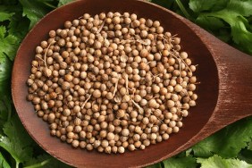 Top view of wooden spoon with coriander on it and cilantro leaves underneath. Both the seeds and the leaves are used for seasoning and belong to the same plant despite their different names