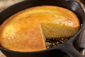 Corn Bread in a Cast Iron Skillet with a Pot of Baked Beans-Photographed on Hasselblad H3D2-39mb Camera