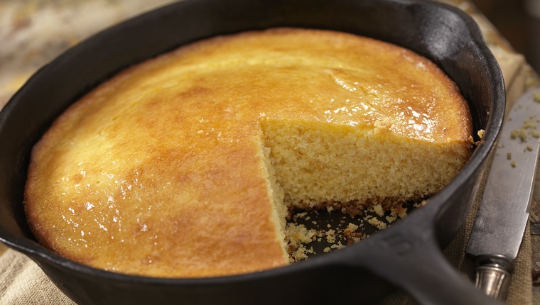 Corn Bread in a Cast Iron Skillet with a Pot of Baked Beans-Photographed on Hasselblad H3D2-39mb Camera