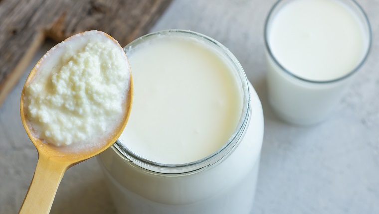 Kefir grains in wooden spoon with glass of kefir drink, healthy fermented probiotic cold dairy drink