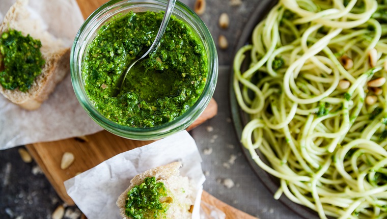 Vegan lunch with pasta and ramson pesto sauce