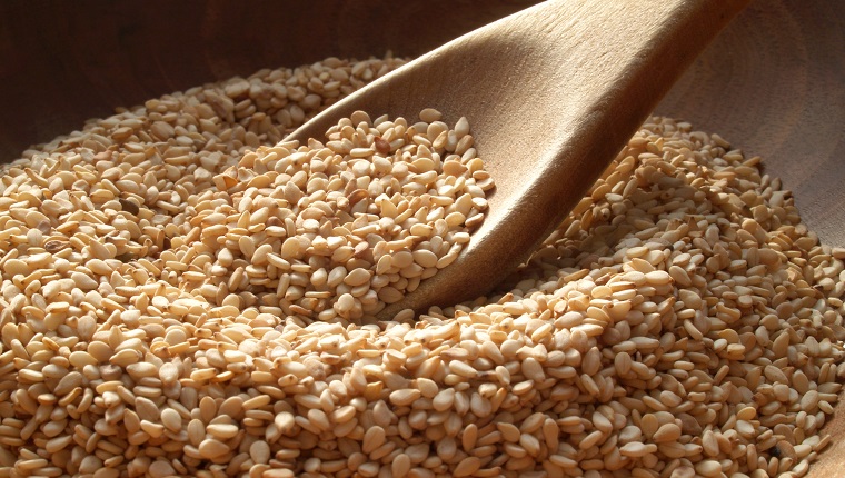 Wooden bowl of sesame seeds