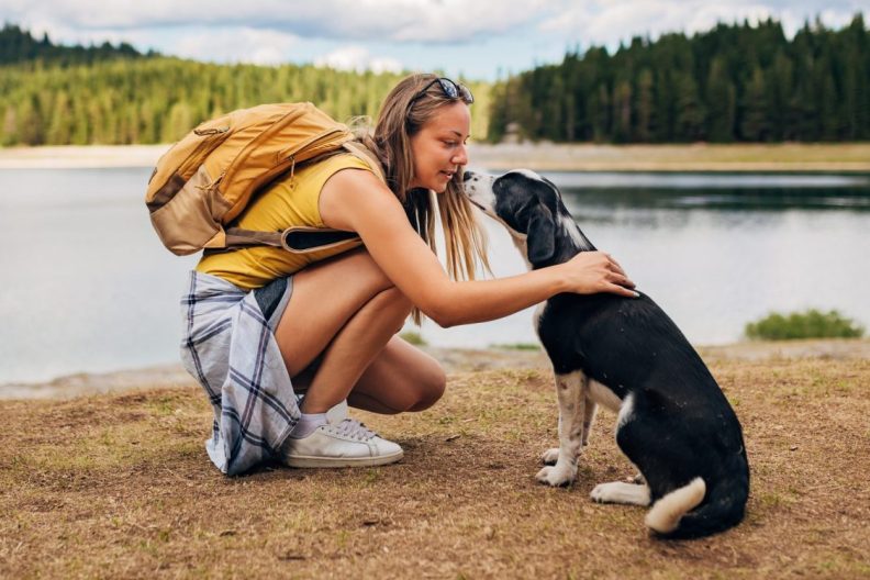 Mindful dog parent petting and talking to dog next to a lake