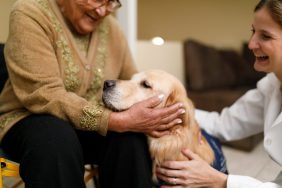 Senior cancer patient and family member with a therapy dog. Dempsey dog offering support to cancer patient