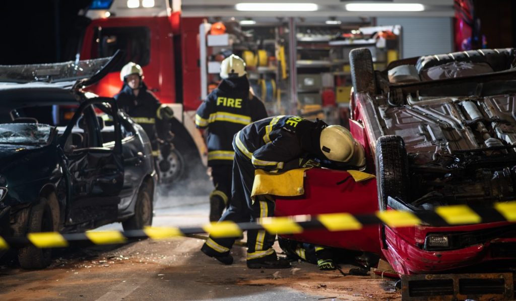 Firefighters at a car crash scene like where dogs missing since interstate crash were originally seen.