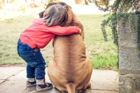 A dog and a child hugging like the video shared by WeRateDogs showing a child and dog in Gaza.