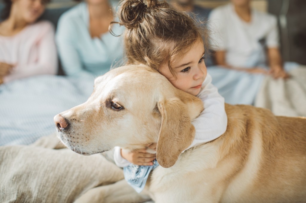 Little kid hugging pet dog on bed in the morning.