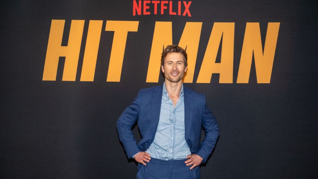 Glen Powell at the Hit Man Photo Call held at the Four Seasons Austin on May 17, 2024 in Austin, Texas.