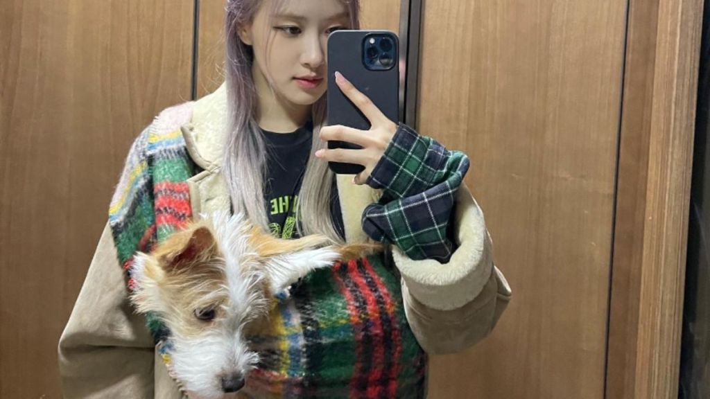 BLACKPINK Rosé with her dog Hank in a baby wrap.