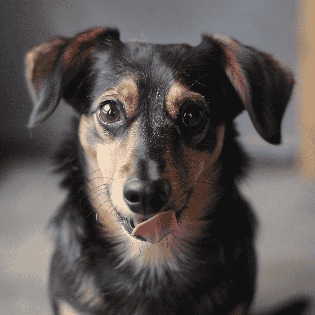 A floppy eared black and tan Dachshund Corgi mix, or a Dorgi, looks into the camera.