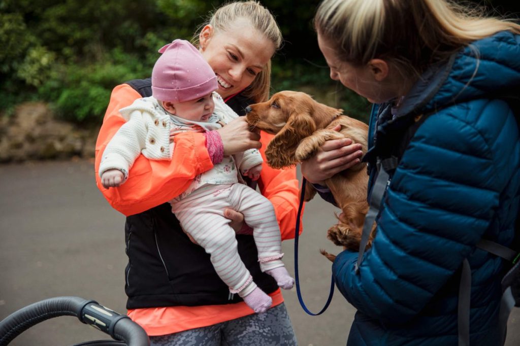 An adorable baby girl and Cocker Spaniel puppy have a friendly interaction with each other accompanied by their mothers in the park.