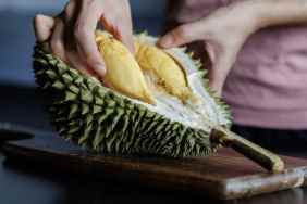 A person is carefully opening a fresh durian fruit to reveal its soft, yellow flesh inside. The spiky green shell is partially peeled back, exposing the creamy, custard-like segments of the fruit.