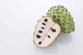 Halved Green Custard Apple/Cherimoya on White Glass Background.